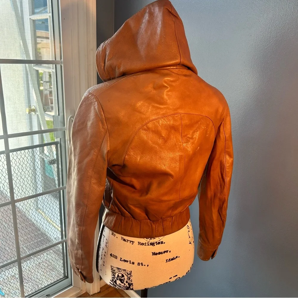 Women's Tan Leather Jacket with Hood - Picture 2 of 15